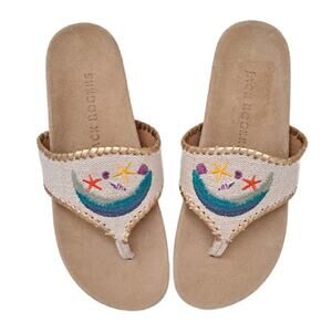 JACK ROGERS Embroidered Beach Thong Comfort Sandals Size 7 Preppy Coastal Beige